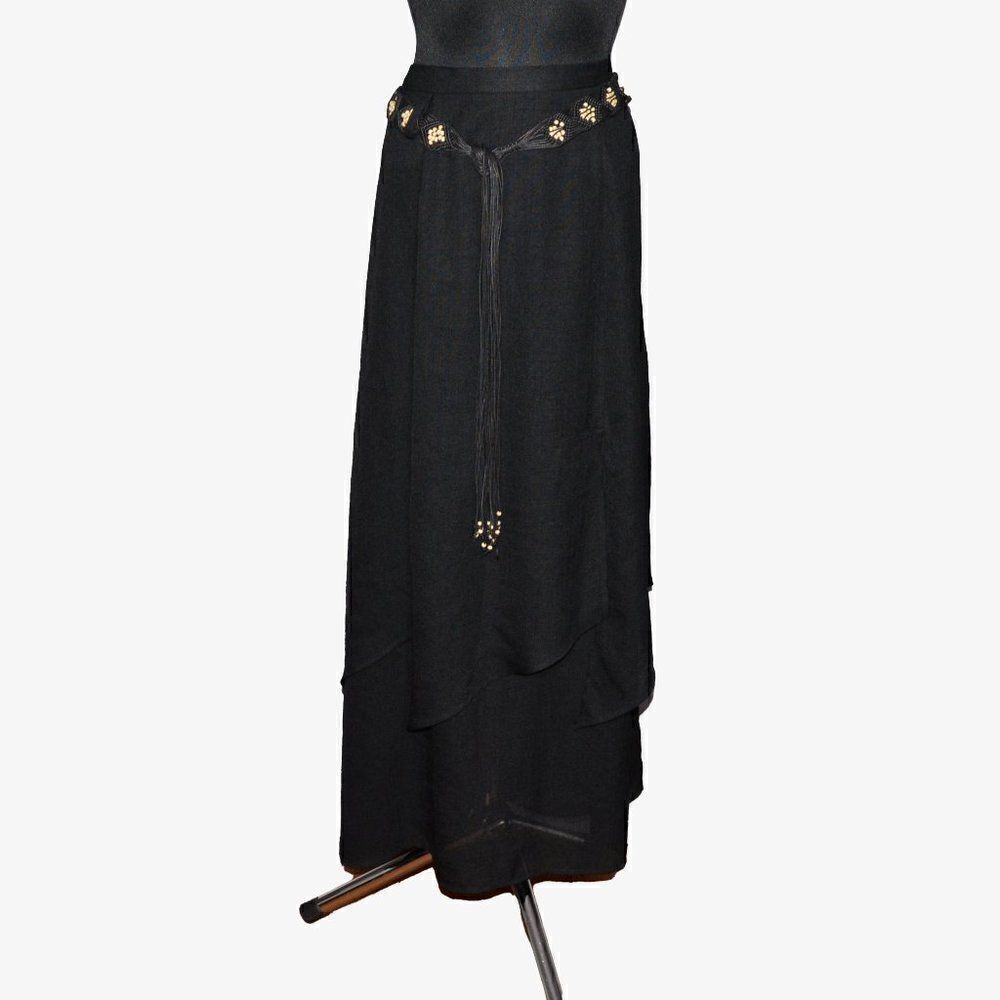 Vintage Layered Black Tiered Maxi Skirt w/ Beaded Belt Sz 12